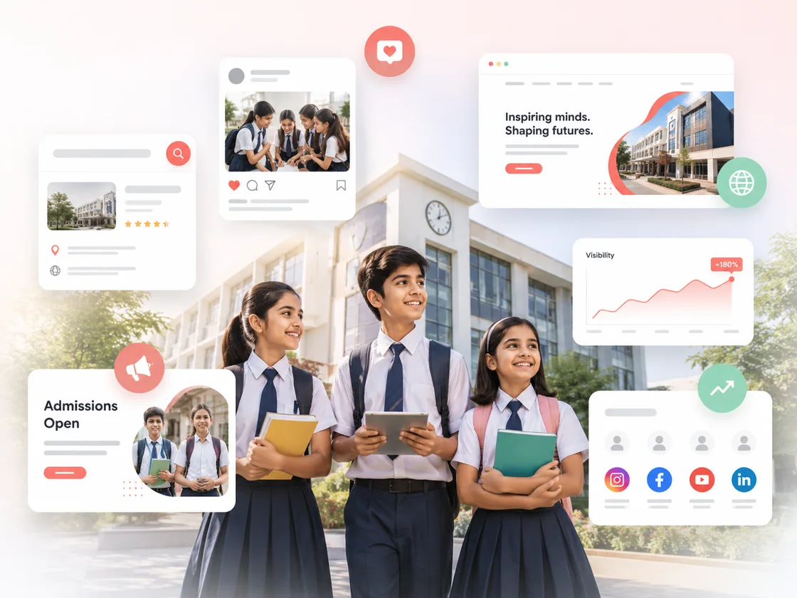 School students outside a campus, surrounded by examples of a school's digital presence: an Instagram post, a Google search listing, a school website and its social media profiles